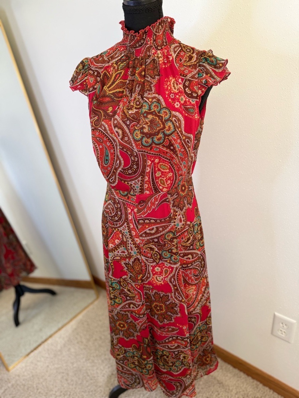 Tommy Hilfiger Paisley Midi Dress Women’s Size 2 Red High Ruffle Floral Boho